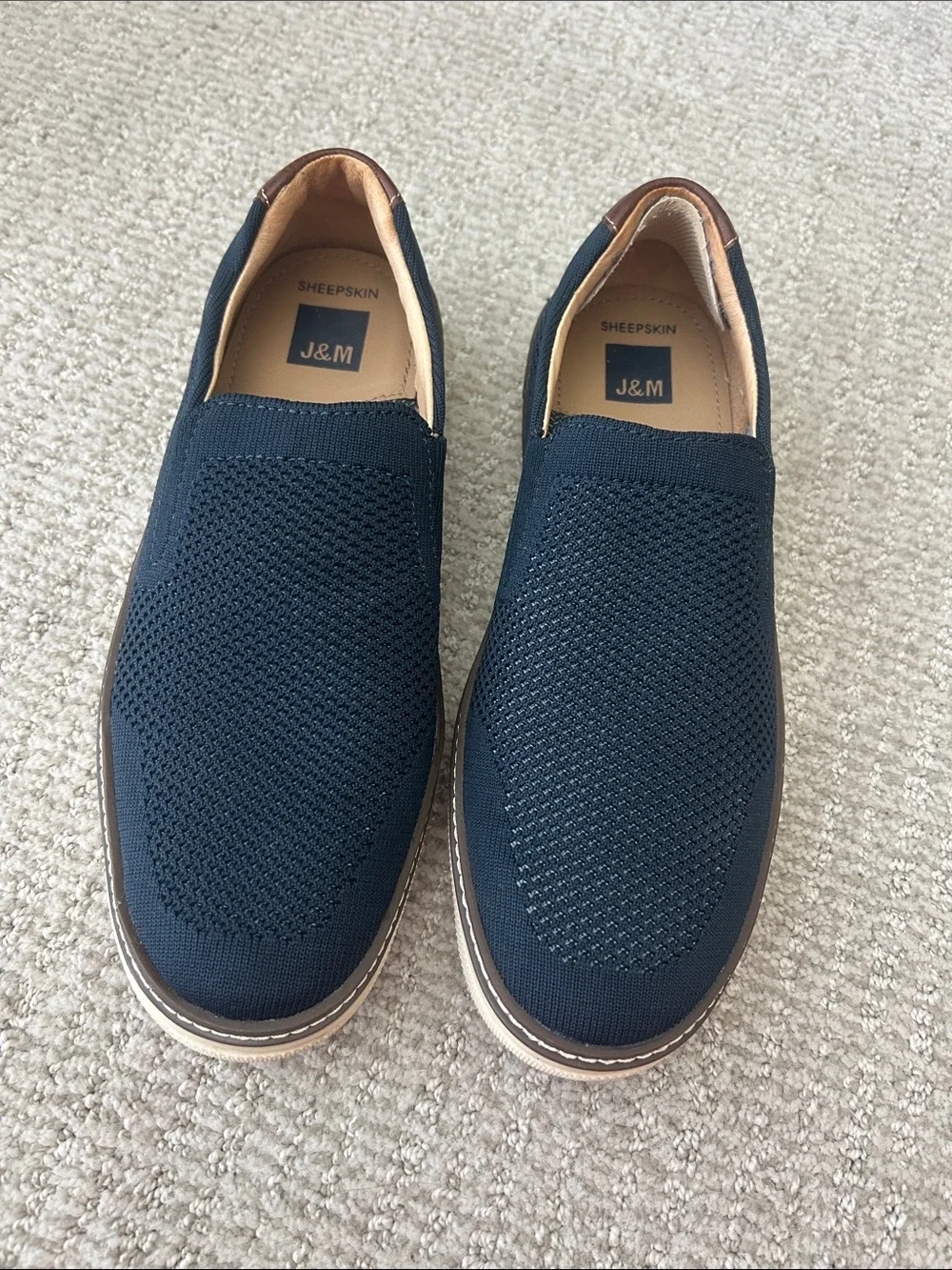 J&M Men's Navy Knit Slip-On Loafers with Brown Trim